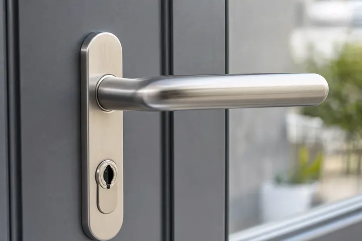 Poignée de porte d'entrée en inox sur une porte anthracite